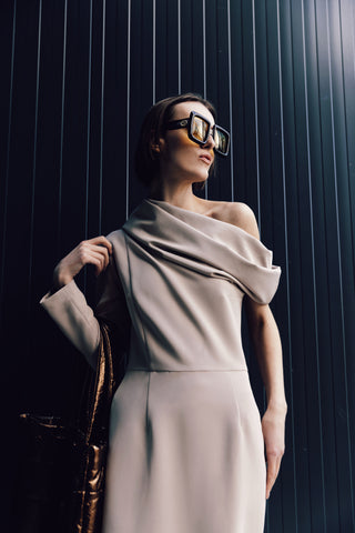 One Shoulder Cowl-Neck Midi Dress Beige