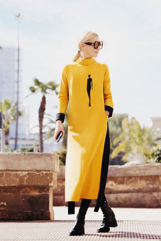 Designer Long Dress With Embroidery Mustard