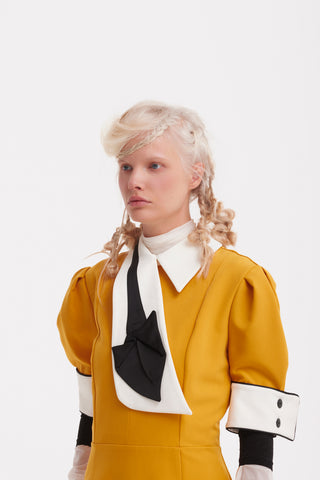 Formal Fitted Dress With White Collar - Office To Evening Style Mustard Yellow