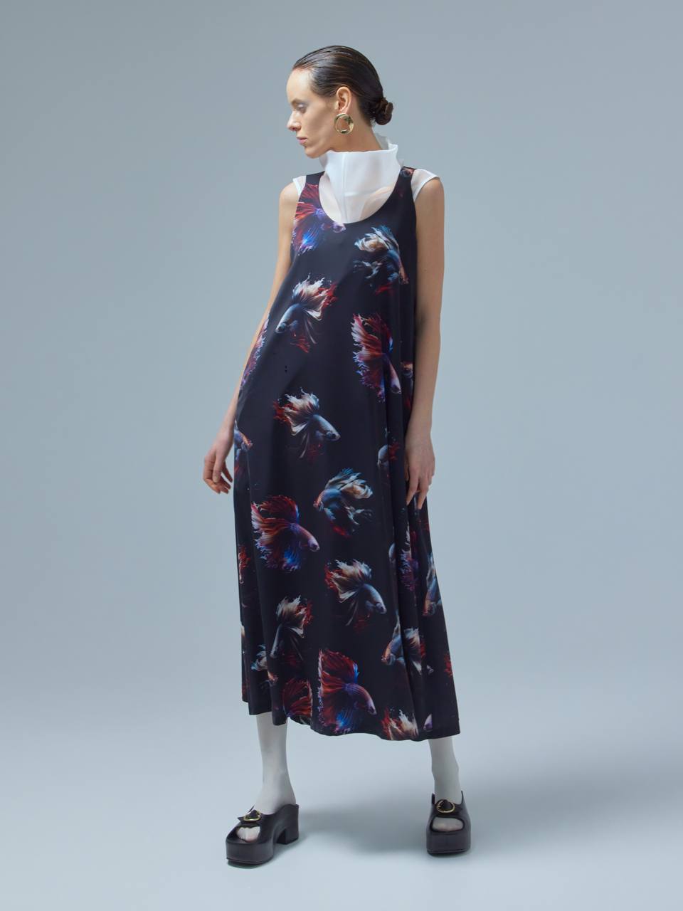 Designer Fish Print A-Line Silky Touch Dress Black