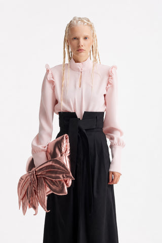 Designer Satin Blouse With Bishop Sleeves And Stand Collar – Blush Pink