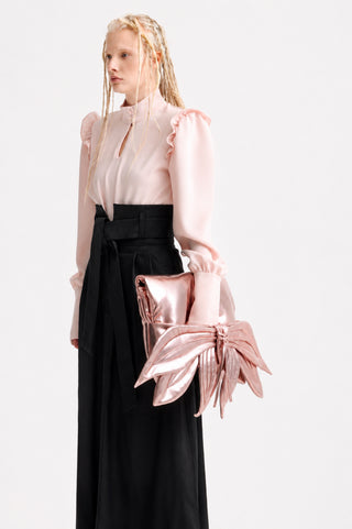 Designer Satin Blouse With Bishop Sleeves And Stand Collar – Blush Pink