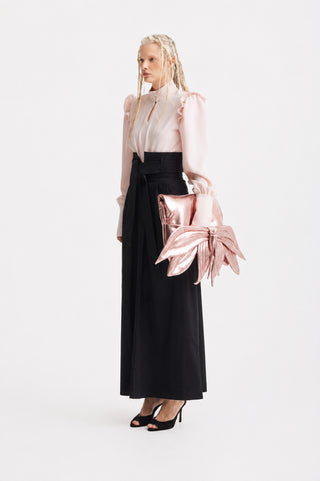Designer Satin Blouse With Bishop Sleeves And Stand Collar – Blush Pink