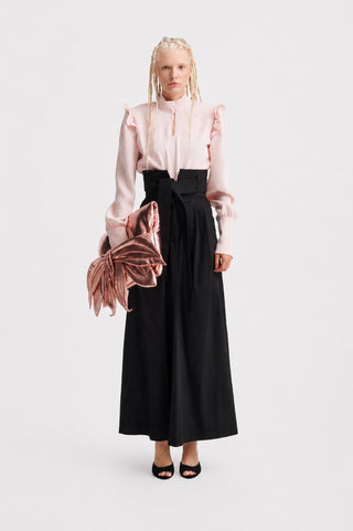Designer Satin Blouse With Bishop Sleeves And Stand Collar – Blush Pink
