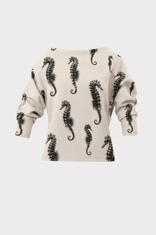 Boat Neck Draped Blouse – Light Beige Seahorse Print