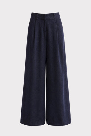 Velvet-Textured Wide-Leg Tailored Trousers – Navy