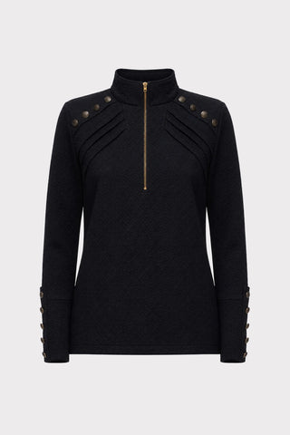 Textured Knit Long Sleeve Zip-Up Top – Black