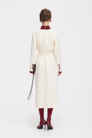 Two-Tone Asymmetric Draped High-Neck Midi Dress – Ivory