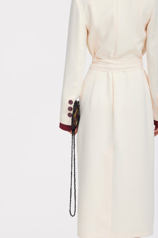 Two-Tone Asymmetric Draped High-Neck Midi Dress – Ivory