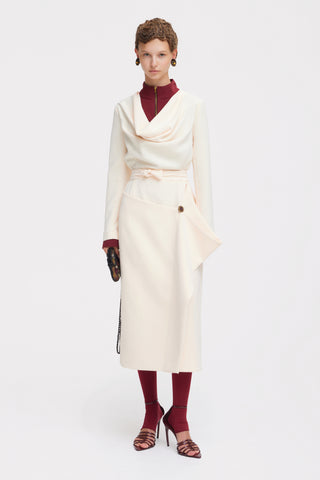 Two-Tone Asymmetric Draped High-Neck Midi Dress – Ivory