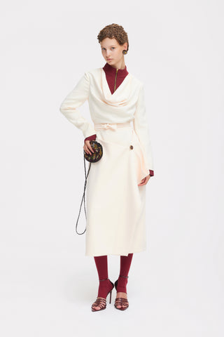 Two-Tone Asymmetric Draped High-Neck Midi Dress – Ivory