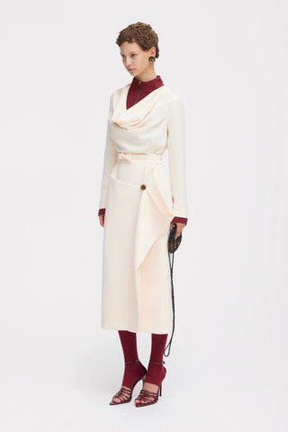 Two-Tone Asymmetric Draped High-Neck Midi Dress – Ivory