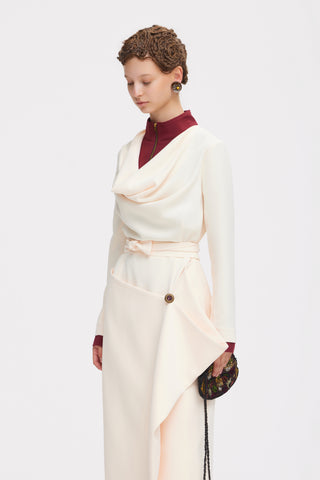 Two-Tone Asymmetric Draped High-Neck Midi Dress – Ivory