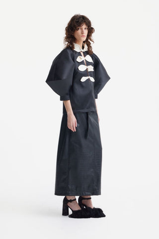 Taffeta Deep V-Neck Blouse With Satin Floral Detail – Black