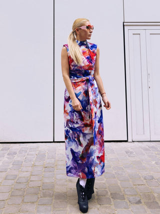 Designer Long Dress With Mock Neck Colorful Print