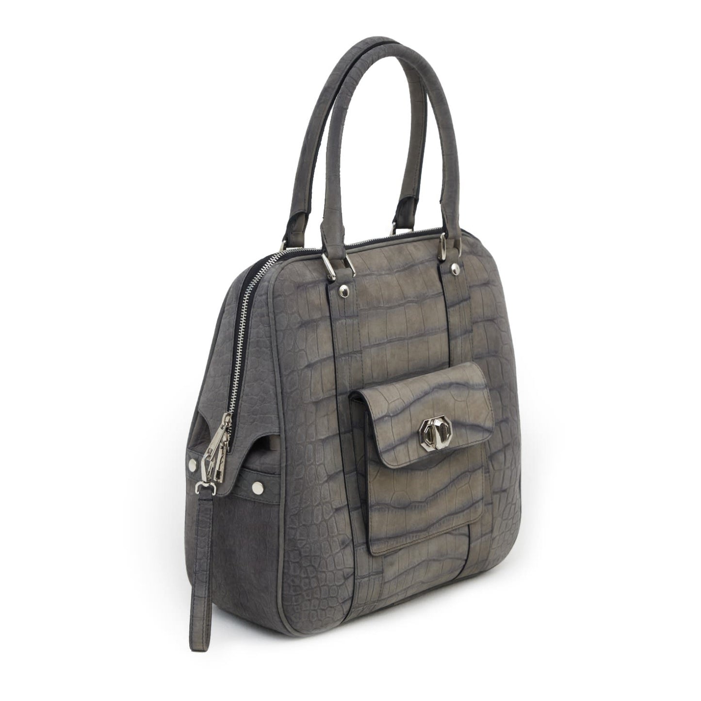 Croco Texture Leather Tote Handbag Grey Medium