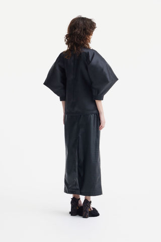 Taffeta Deep V-Neck Blouse With Satin Floral Detail – Black