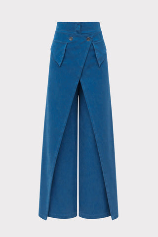 High-Waisted Denim Wrap Trousers, Skirt Effect - Blue