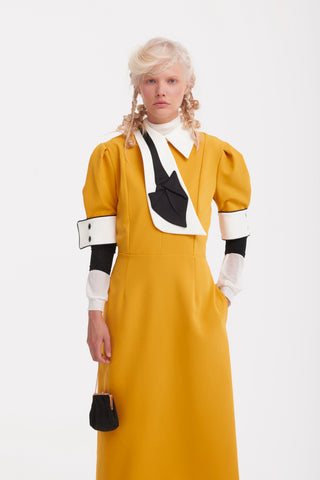 Formal Fitted Dress With White Collar - Office To Evening Style Mustard Yellow