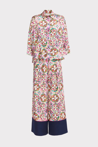 Abstract Print Satin Shirt & Wide Leg Trousers Set