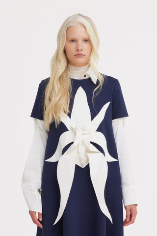 Ankle-Length Knit Dress With Flower Detail - Dark Blue