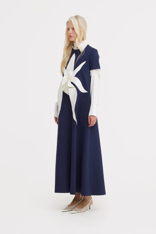 Ankle-Length Knit Dress With Flower Detail - Dark Blue