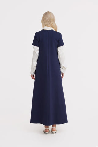 Ankle-Length Knit Dress With Flower Detail - Dark Blue