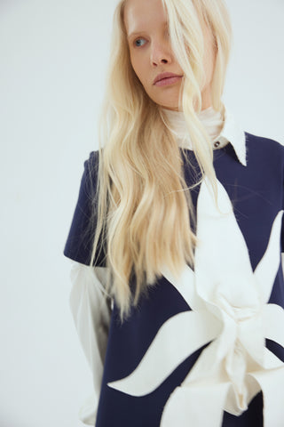 Ankle-Length Knit Dress With Flower Detail - Dark Blue