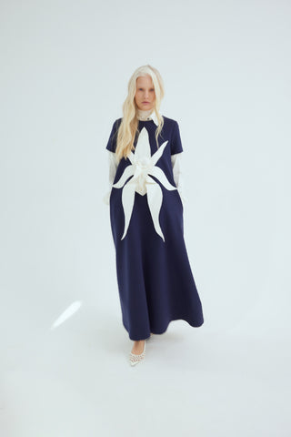 Ankle-Length Knit Dress With Flower Detail - Dark Blue