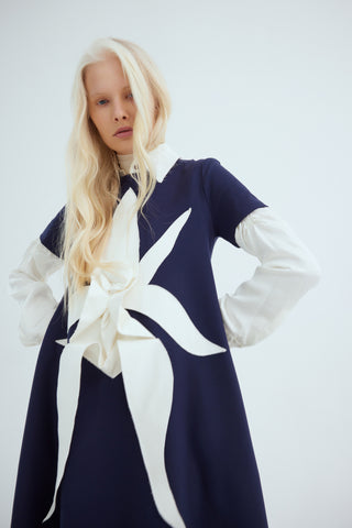 Ankle-Length Knit Dress With Flower Detail - Dark Blue