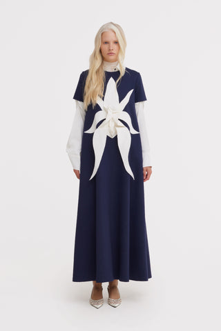 Ankle-Length Knit Dress With Flower Detail - Dark Blue