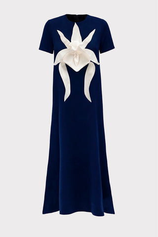 Ankle-Length Knit Dress With Flower Detail - Dark Blue