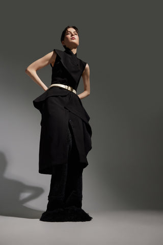 Architectural Draped Midi Dress – Black