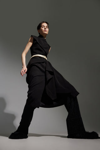 Architectural Draped Midi Dress – Black