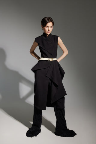 Architectural Draped Midi Dress – Black