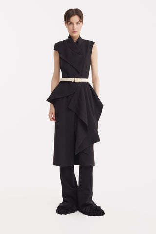 Architectural Draped Midi Dress – Black