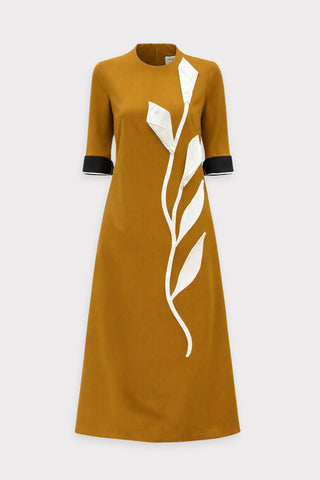 Art-Inspired Semi-Fitted Three-Quarter Sleeves Dress - Mustard