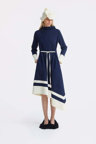 Asymmetric Midi Dress With Belt & Long Sleeves - Navy Ivory