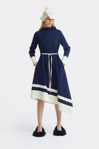 Asymmetric Midi Dress With Belt & Long Sleeves - Navy Ivory
