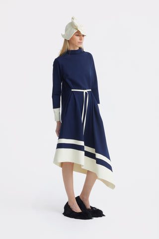 Asymmetric Midi Dress With Belt & Long Sleeves - Navy Ivory