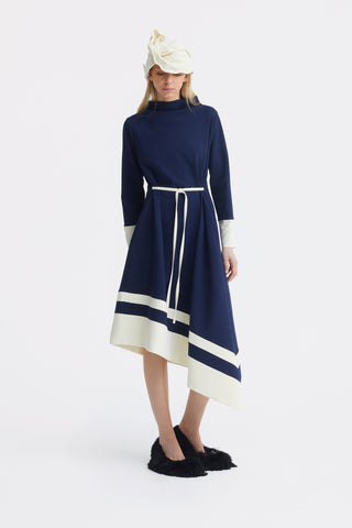 Asymmetric Midi Dress With Belt & Long Sleeves - Navy Ivory