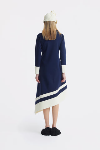 Asymmetric Midi Dress With Belt & Long Sleeves - Navy Ivory