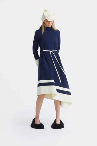 Asymmetric Midi Dress With Belt & Long Sleeves - Navy Ivory