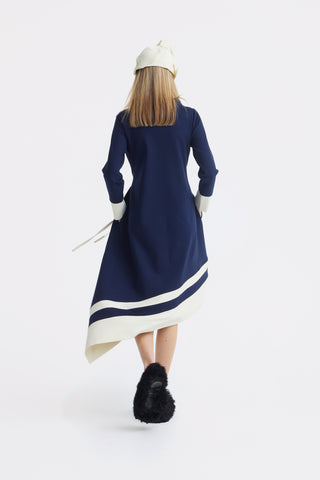 Asymmetric Midi Dress With Belt & Long Sleeves - Navy Ivory