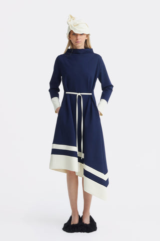 Asymmetric Midi Dress With Belt & Long Sleeves - Navy Ivory