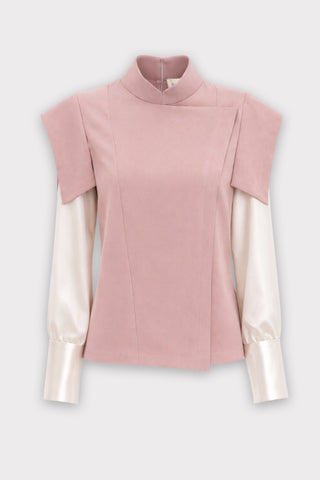 Tailored Blazer-Style Blouse With Satin Sleeves - Pink & Ivory