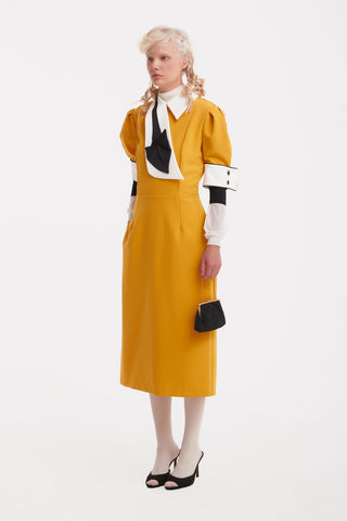 Formal Fitted Dress With White Collar - Office To Evening Style Mustard Yellow