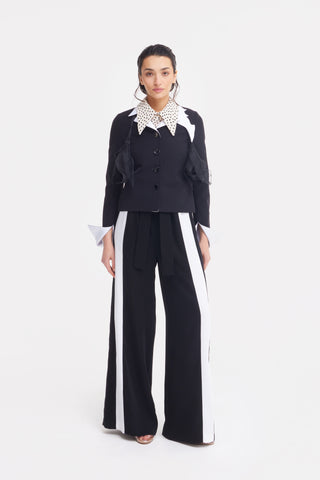 Black Tailored Cropped Blazer With White Collar