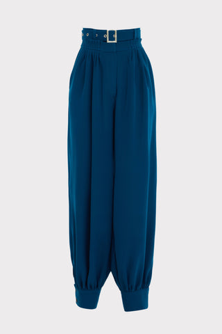 Belted High-Waist Balloon-Leg Pants - Navy