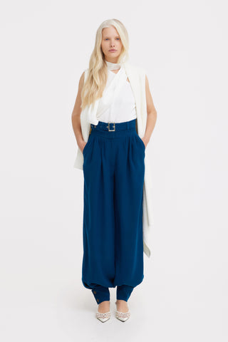 Belted High-Waist Balloon-Leg Pants - Navy